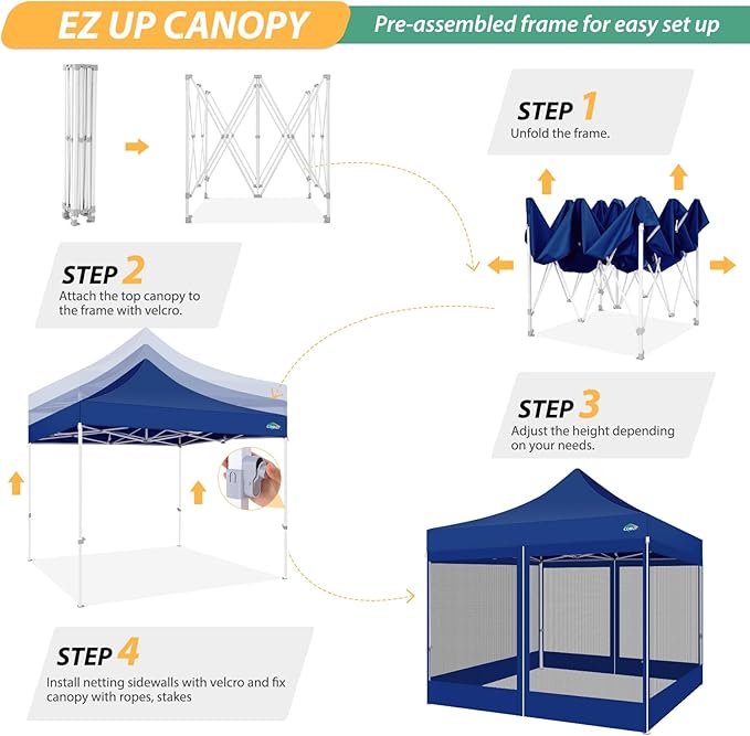 COBIZI 10x10 Canopy Tent with 4 Sidewalls,Heavy Duty Pop up Canopy with Mosquito Netting,Easy up Screen Tent for Parties Wedding Outdoor Camping with Handbag,Deep Blue