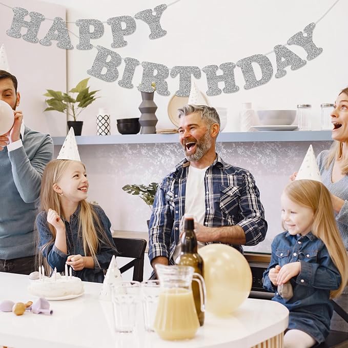 Silver Happy Birthday Banner Birthday Party Decorations Happy Birthday Banner Bunting Garland Sign for Kids Boys Girls Adults Birthday Baby Shower Celebration Party Backdrops Supplies