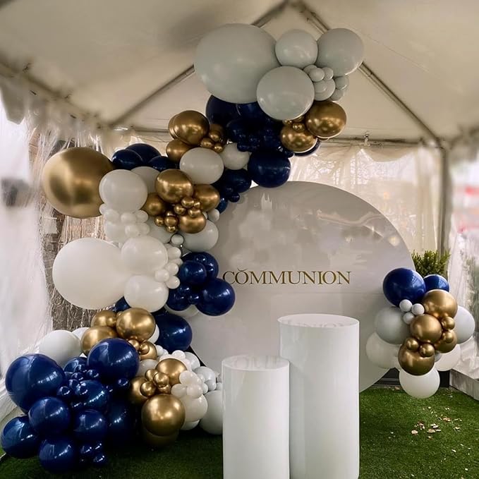 Blue and Gold Balloon Arch Kit, 188Pcs Gold Star Balloons with Navy Blue and Gold White Latex Balloon Garland kit, Different Size Balloons for Anniversary Wedding New Year Birthday Decorations