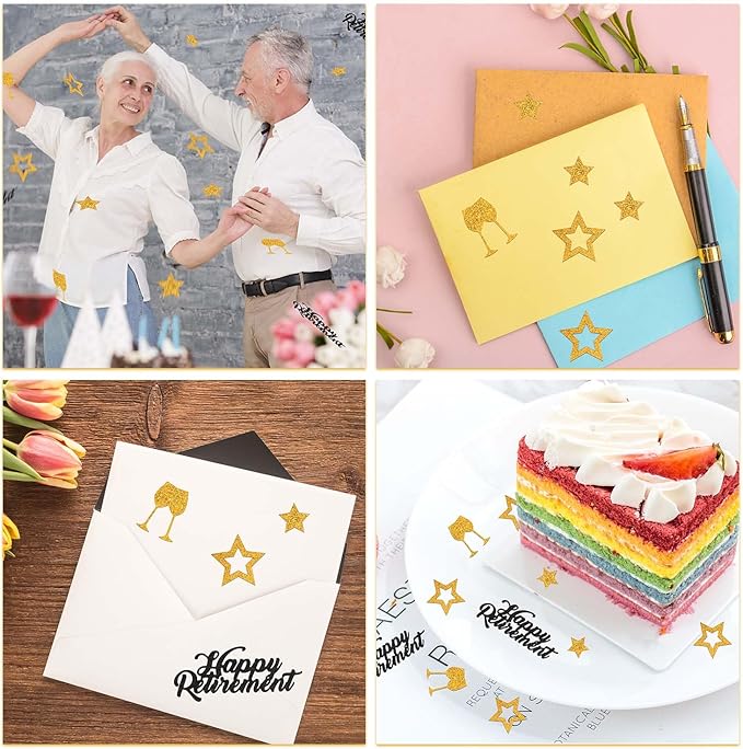 100pcs Gold Confetti, 4 Design Happy Retirement Confetti Wine Glass Five-Pointed Star Letters Birthday Table Decorations Gold Table Scatter for Wedding Office Farewell Party Celebration Supply