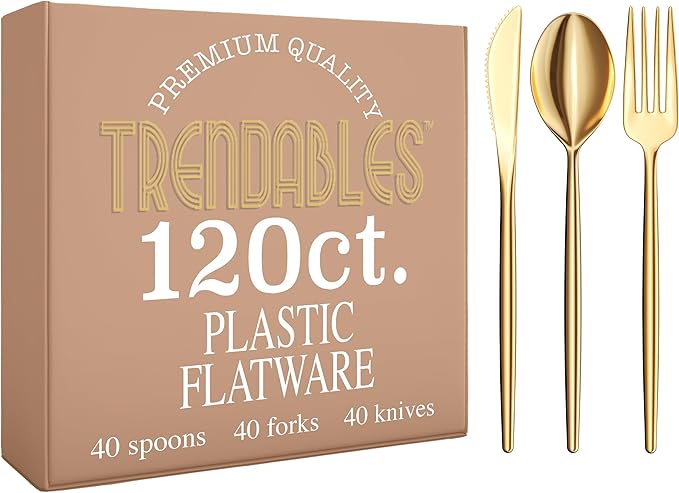 Trendables Gold Plastic Silverware Set Gold Silverware Disposable Forks and Spoons Disposable 120 Pack Plastic Utensils Set Includes 3 x 40 each Knives & Spoons & Forks For Parties and Events