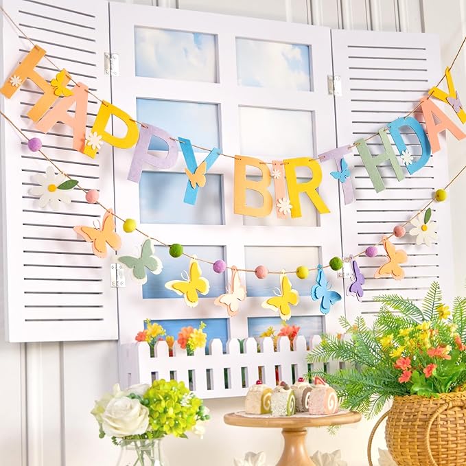 Felt Happy Birthday Banner, Butterfly Birthday Banners, Felt Party Banners, with Handmade Butterfly Garland, Pre-Strung Birthday Decorations for Girls Women Flower Spring Garden Party