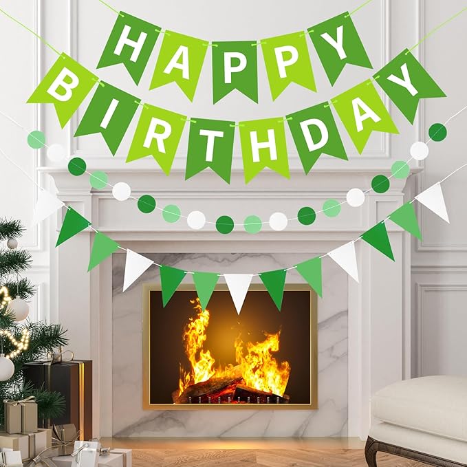 Green Happy Birthday Banner, Happy Birthday Decorations Hanging Birthday Sign Circle Dot Triangle Bunting for Women Men Girl Boy Party Supplies