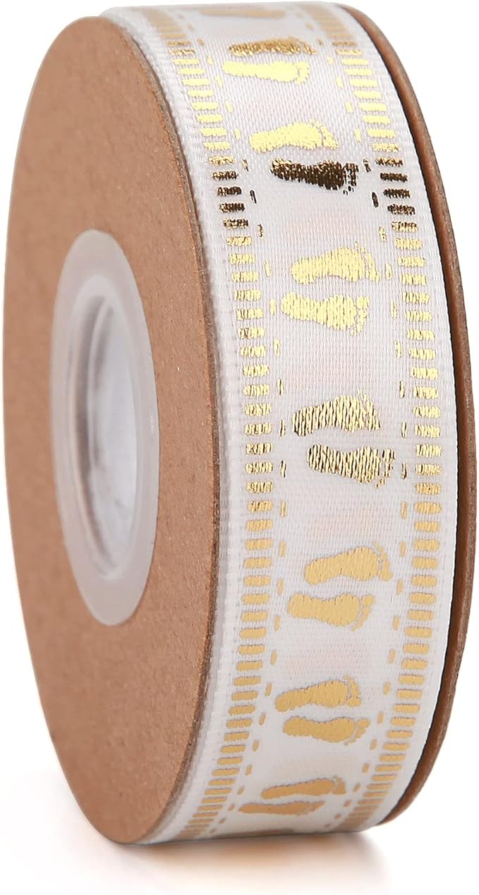 Meseey 20 Yards Welcome Baby Ribbon White and Gold Foot Print Ribbons for Crafts Cake Baby Shower Birthday,Gift Wrapping, Party Decoration (5/8", White-bs)
