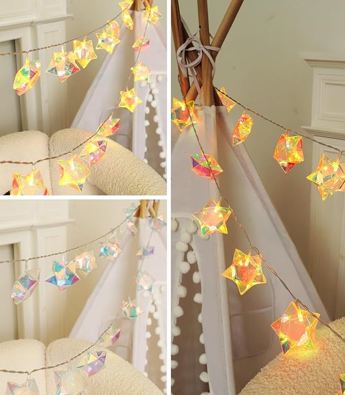 AceList 10ft 20-LED Holographic Star String Lights – Perfect for Home Decor, Intimate Gatherings, Seasonal Celebrations, Christmas Gifts, Halloween, Birthday Decorations(Warm White)