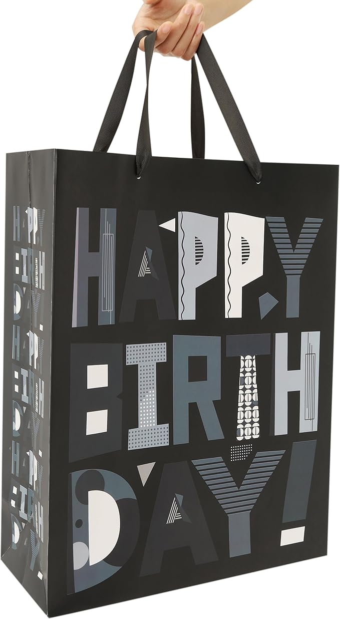 wishinside 16.5” Extra Large Black Happy Birthday Gift Bag Set with Handles, Greeting Card, Tissue Papers and Stickers for Men Boys Kids Teens, Cartoon Design, 1 Pcs