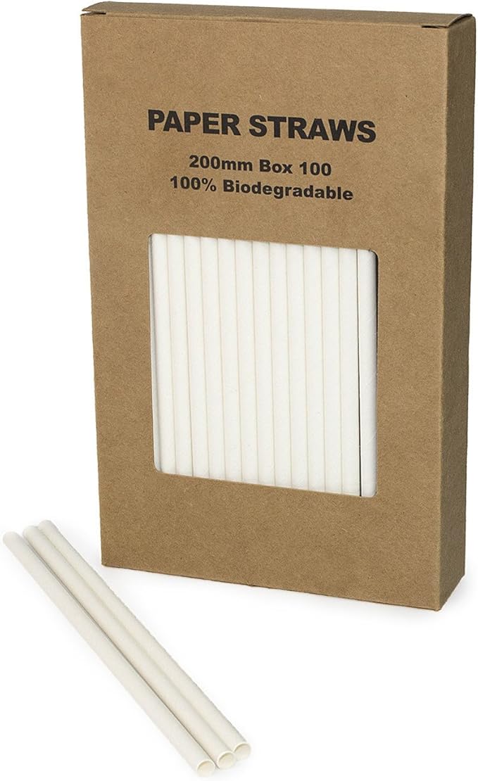 Plain White Paper Straws Bulk, Pure Solid All White Paper Drinking Straws for Wedding 1st Birthday Party Holiday Baby Bridal Shower, Mason Jar Straw, Cake Pop Sticks (White, 100)