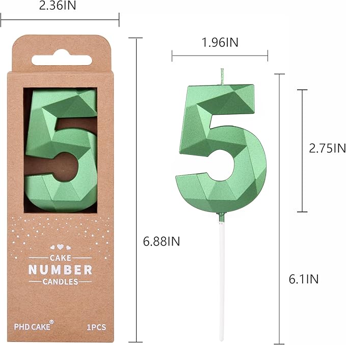 PHD CAKE 2.76 Inch Crystal Green 5 Number Cake Candle, Numeral Birthday Candles, Green Number Candles, Party Celebration