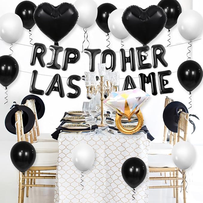 Rip To Her Last Name Balloon Banner Bachelorette Party Decoration, Black Balloons Bridal Shower Party Decor with Balloon for Ring Rip Single Life Bride to be Decor Bride or Die Wedding Engagement