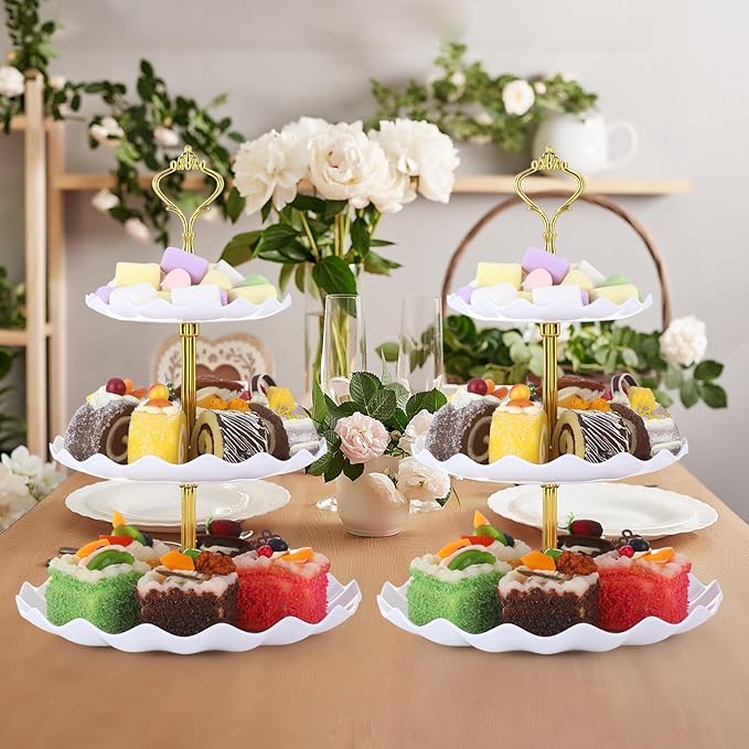 Patelai 8 Packs 3 Tier Cupcake Stand Holder Plastic Cake Serving Display Stand Tower Donuts Cookie Dessert Tray Holder Wave Shape with Gold Rod for Wedding Birthday Baby Shower Tea Party(White)