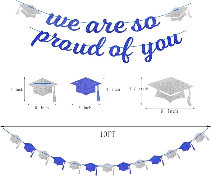 Navy-Blue White-Silver Party-Decoration Graduation Banner - 8pcs Kits Cap Garland Streamers, Paper Tissue Pom Poms Flowers,We are So Proud of You Congratulations Grad 2026 Decor Lasting Surprise