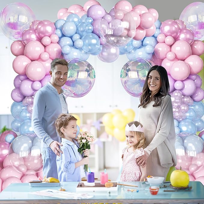 HILAVO Pink Blue Purple Balloons Arch Kit Iridesent Balloons Clear Balloon Pastel Pearl Pink Purple Lavender Blue Balloon Garland for Girl Gender Reveal Hawaii Birthday Baby Shower Mermaid Party Decor