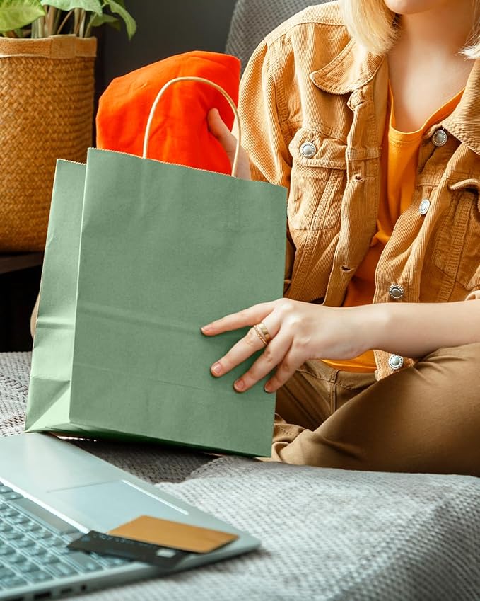 qiqee Aqua Green Gift Bag with Handles Bulk 24Pcs Paper Bags -10.6"x8.3"x4.3"Party Favor Bags - Solid Color