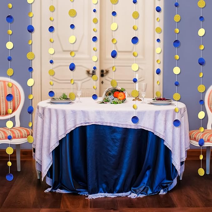 Outus 5 Pieces Blue,Gold Round Dots Garland Graduation Party Hanging Decor Each Length 13.1ft Glitter Paper Dot Streamers for Birthday Wedding Classroom Supplies