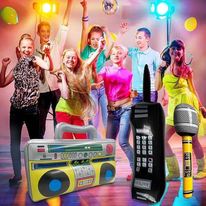 3 PCS Hip hop Props Inflatable Mobile Phone Inflatable Radio Boombox Inflatable Microphone Props for or 80s 90s Party Decorations Glow Theme Birthdays Party Graduations Photo Booth Props