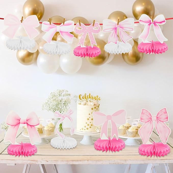 9Pcs Pink Bow Party Honeycomb Centerpieces Decorations, Pink Bow Coquette Birthday Table Decor, 3D Bow Decorations for Birthday Bachelorette Bridal Party