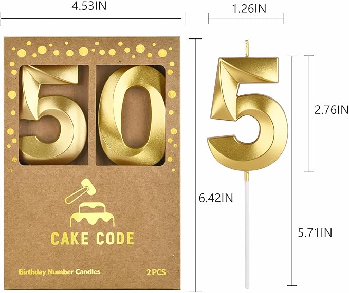 2.76 Inch Diamond Gold 50 Number Birthday Candles, Gold Number Candles, Cake Number Candles, Party Celebration