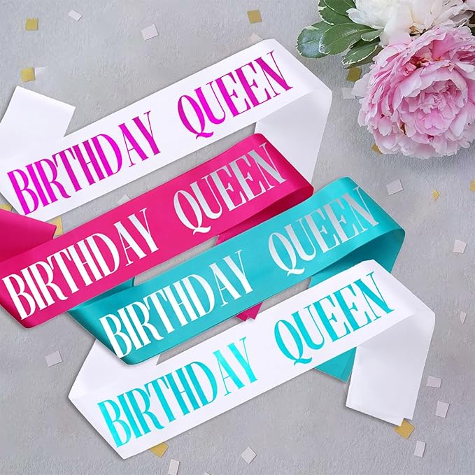 Birthday Queen Sash, Silver Foil Teal Blue Birthday Sash for Women 21st 30th 40th 50th 60th 70th Fun Birthday Party Favors Gifts Decorations