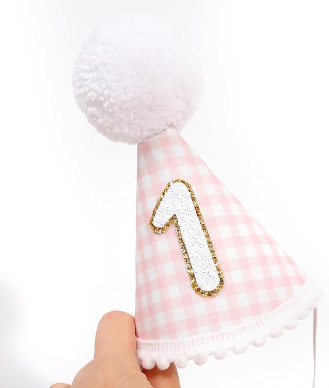 Pink Gingham Style 1st Birthday Hat - 1st Birthday Party Hat for girls, Baby girl 1st Birthday Decoration, Princess First Birthday Crown, Pink and Gold 1st Birthday Decor