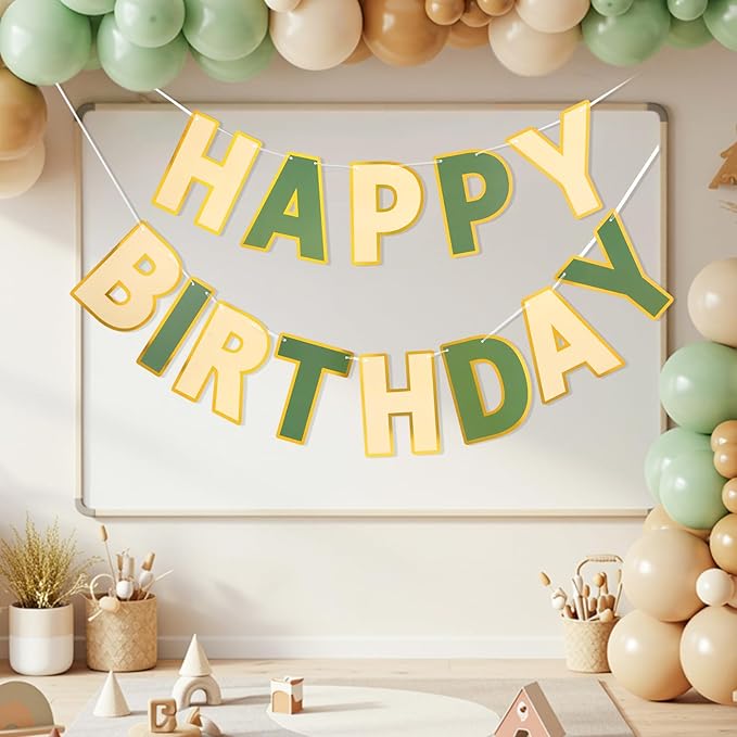 Happy Birthday Banner - 9ft Pre-Strung Happy Birthday Sign for Women, Men, Girls, Boys - No DIY Birthday Decorations & Party Supplies(Brown Green)