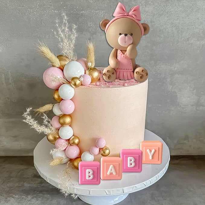 Bear Cake Toppers Balls Cake Decorations with BABY Letters for Baby Shower Gender Reveal Bear Themed Birthday Party Supplies (Girl)