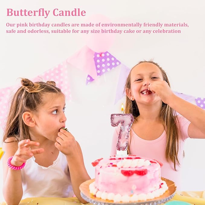 7th Birthday Candles,Glitter Butterfly Cake Toppers Pink Sequins Wedding Numeral Cupcake Decorations,Suitable for Girl and boy Wedding Cakes, Party Celebrations, Birthday Decorations