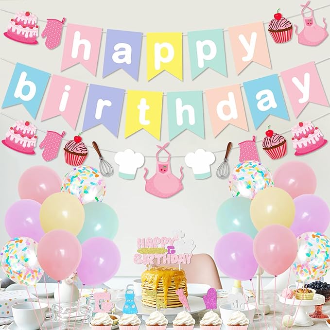 Baking Birthday Party Decorations Macaron Happy Birthday Banner Bakery Garland Baking Tool Cake & Cupcake Toppers Rainbow Latex Balloons for Girls Little Baker Birthday Party Supplies