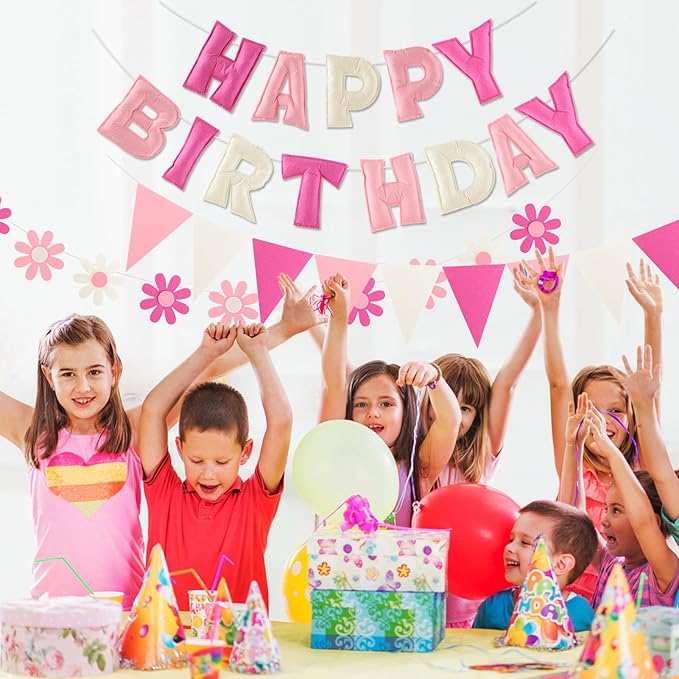 YEOCU Felt Birthday Decorations, NO DIY, Pre-Strung 3D Felt Happy Birthday Banner with Fabric Flower Garland, Colorful Triangle Flags, Birthday Party Decorations for Women Men Boys Girls (Pink&White)