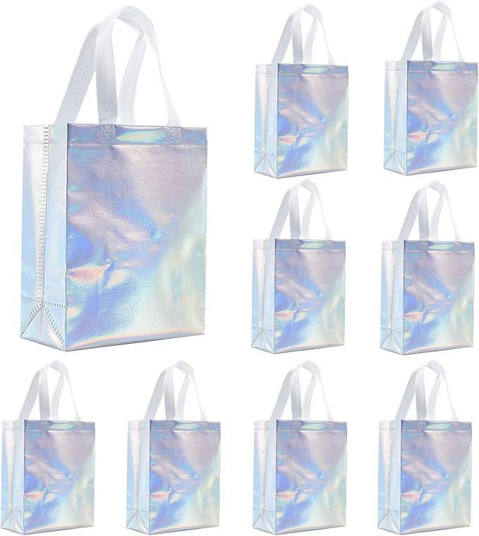 Tendwarm 12 Pcs 8x4x10 Inches Reusable Iridescent Gift Bag Favor Bags for Party Wedding Christmas Medium Size