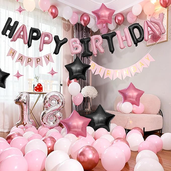 CANREVEL Happy Birthday Banner 13pcs 16 Inch Mylar Foil Letters with 12pcs Star Balloons Birthday Party Decorations for Kids and Adults - 3D Black Pink