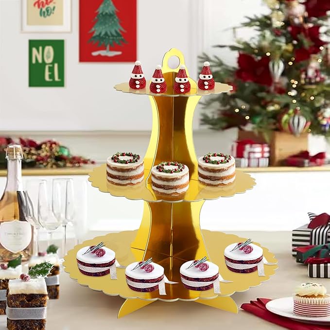 Soleebee 3-Tier Cupcake Stand, Cardboard Cupcake Tower, Dessert Cup Cake Stand Tower for Birthday Wedding Party Decoration, Cupcake Tier Stand 1 Set (Gold)