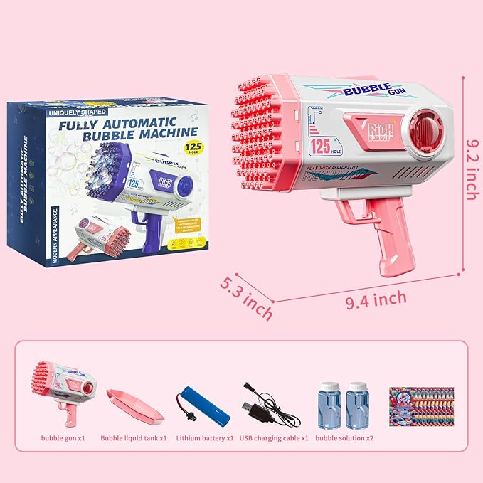 Deserthome Bubble Gun, Upgraded 125 Holes Bubble Guns for Wedding, Pink Bubble Machine for Kids Age 3 4 5 6 7 8 9 10 11 12 Year Old, Big Bubble Blower Gun with Lights, Easter Outdoor Party Favors