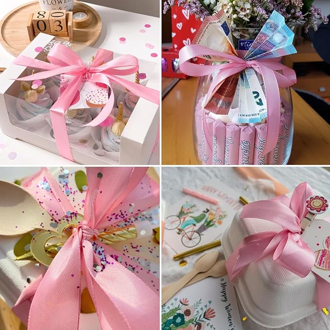2 Rolls Pink Hot Pink Ribbon, 3/8 Inch x 50 Yards Satin Pink Fabric Ribbon for Flower Bouquets, Gift Wrapping, DIY Crafts, Birthday Cakes, Holiday, Wedding Party and Mother’s Day Decorations
