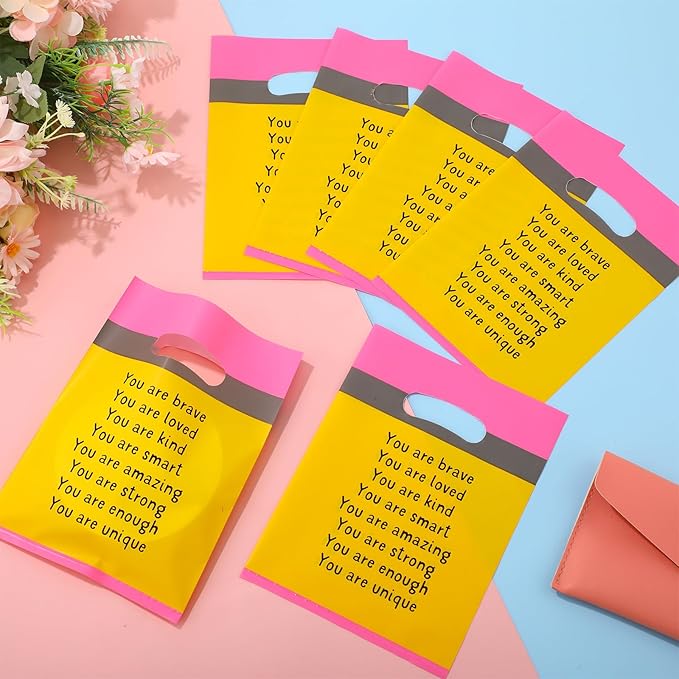 Coume 100 Sets End of the Year Gifts Bags for Students 6 Colors Inspiration Quotes Plastic Party Favors Treat Bags with Handles Birthday Party Favors, 6" x 8"