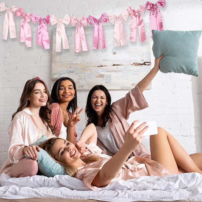 VitalCozy Pink Bow Garland Decor for Coquette Party Decorations, Pre-Strung Pink Satin Ribbon Birthday Party Garland Bow Banner for Valentine Bridal Shower Bachelorette Wedding Birthday Engagement