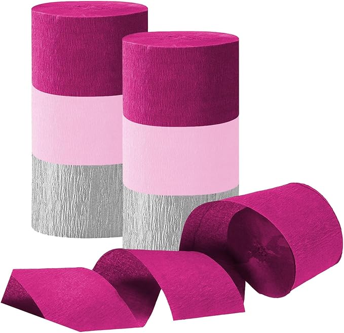 Rose Red Pink and Silver Crepe Paper Streamers, Party Streamer Decorations for Various Party Festival Decorations, 6 Rolls