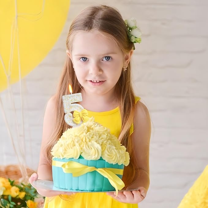 Birthday Candle for Cake, Yellow Bow Cake Candles, Cake Topper Decoration for Birthday Party (Number 5)