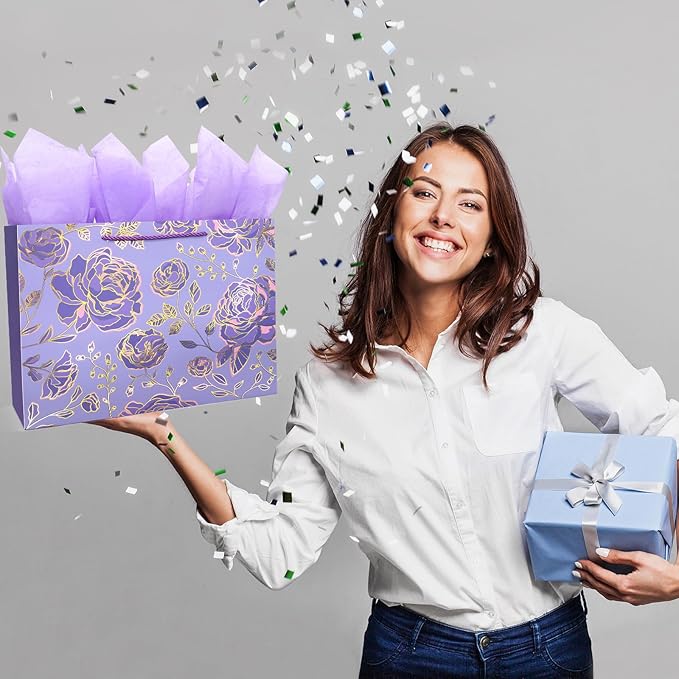 Oletx 13" Gold Purple Flower Paper Gift Bags,Happy Birthday Gift Bags with Tissue Paper Greeting Card for Women's Birthday Party, Wedding Anniversaries,Mother's Day,Valentine's Day