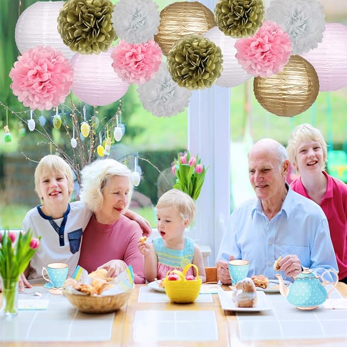 Pink and Gold Party Decorations, Pink Gold Paper Lanterns and Pom Poms Flowers for Birthday Baby Showers Engagement Tea Party Decor 15 Pieces