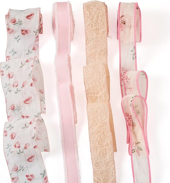 BB Beadthoven 8 Yards Floral Printed Silk & Polyester Ribbon Set for Gift Wrapping, Wedding Invitations, Bridal Bouquets, Hair Bows & More - Vintage Silk Ribbon in Floral Color for Formal Occasions