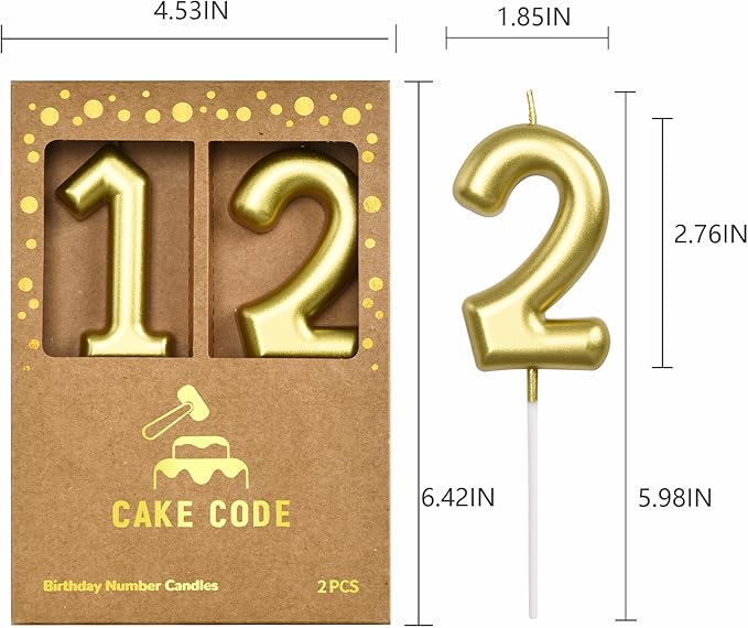 2.76 Inch Classical Gold 12 Number Birthday Candles, Gold and Cake Number Candles for Party Celebration