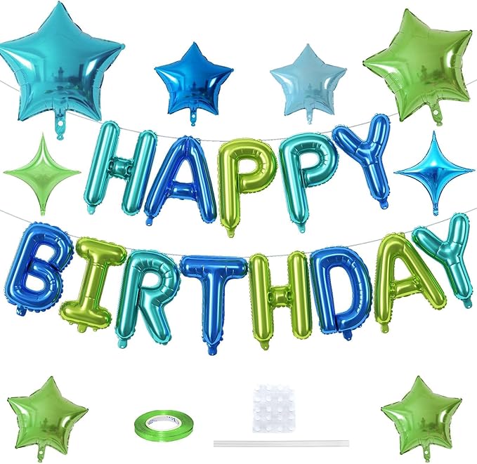 Happy Birthday Balloon Banner Blue Green, 16 Inch Mylar Foil Letter Balloons, Reusable Birthday Decorations with 8 Pcs Blue and Green Foil Balloons, Inflatable Party Supplies for Men Women Girls