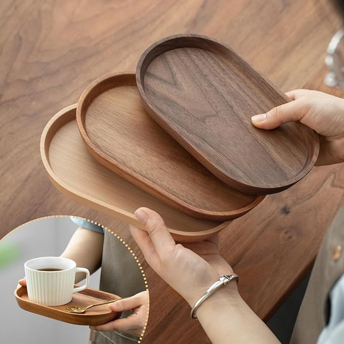 Vandroop Mini Serving Trays for Parties, Small Decorative Tray for Tea&Coffee, Oval Wooden Plates for Serving Food for Appetizer&Vegetables for Bathroom 7.8"×4.6" (Acacia, Set of 2)