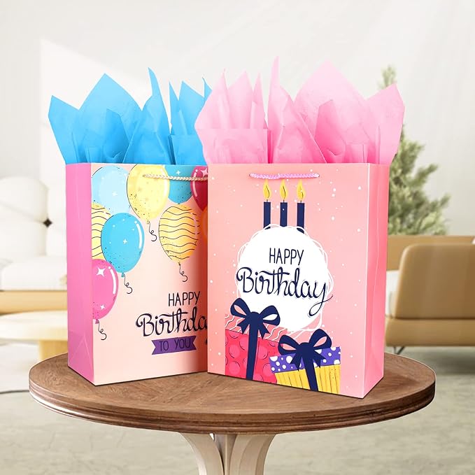Large Birthday Gift Bags Set - 2 Pack Pink Gift Bags With Tissue Paper and Handles for Girls, Women, Her - Happy Birthday Gift Wrap