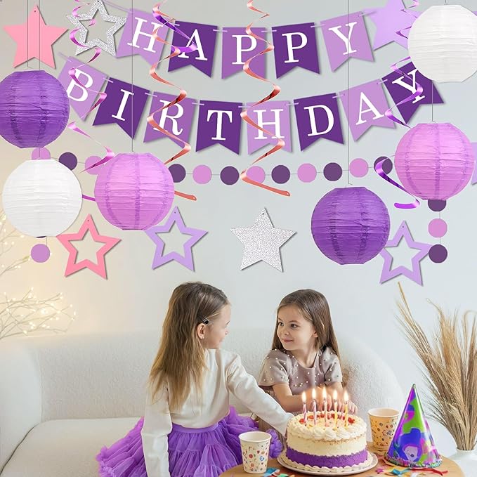 Happy Birthday Decorations, Purple Birthday Party Decorations Set with Happy Birthday Banner, Paper Lanterns, Star Swirl Hanging Decorations & Circle Dots Garland
