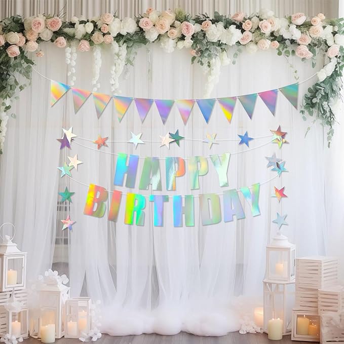 Iridescent Happy Birthday Banner Iridescent Birthday Decoration Shiny Holographic Birthday Banner Rainbow Holographic Pennant Flag 6.56FT Star Bunting Garland Iridescent Party Supplies for Girls Women