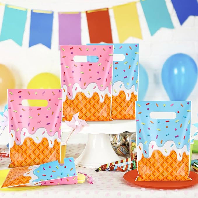 Hxezoc 50 Pieces Ice Cream Gift Bags Plastic Ice Cream Bags Practical Party Bag Party Favors for Cute Summer Theme Birthday Party Decoration Supplies