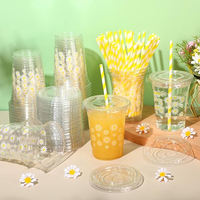 Yungyan 50 Sets Daisy Groovy Plastic Cups with Lids and Straws 16 oz Coffee Juice Drinking Cups for Daisy Party Decoration Summer Birthday Baby Shower Party Supplies