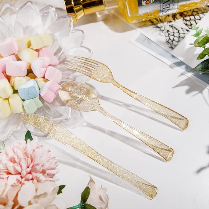 Supernal 300pcs Gold Glitter Plastic Silverware Set-Heavy Duty Disposable Gold Cutlery for Weddings, Parties Include 100 Forks, 100 Spoons & 100 Knives-Glitter Plastic Utensils for 100 Guests