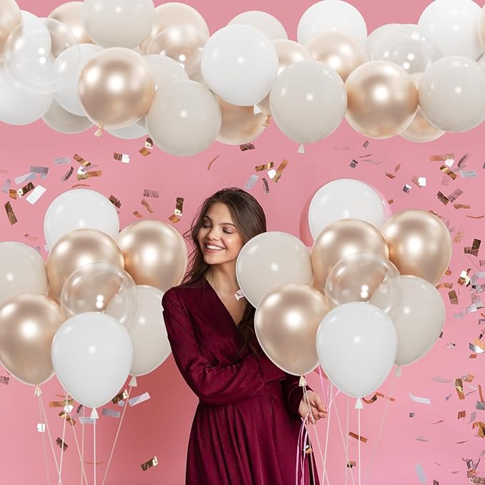 60pcs Sand White Gold Balloons - 12inch Metallic Champagne Gold Nude White & Clear Balloons for Weddings, Birthdays, Baby Showers